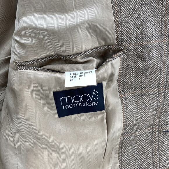 Club Room Blazer 42R Cashmere Blend Herringbone Beige Plaid 2 Button Sport Coat - Picture 8 of 16